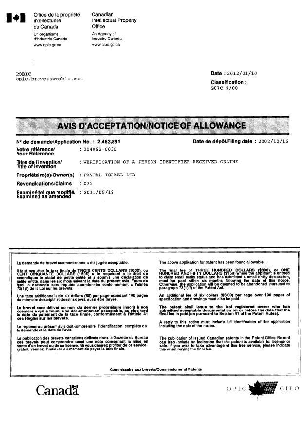 Document de brevet canadien 2463891. Correspondance 20120110. Image 1 de 1