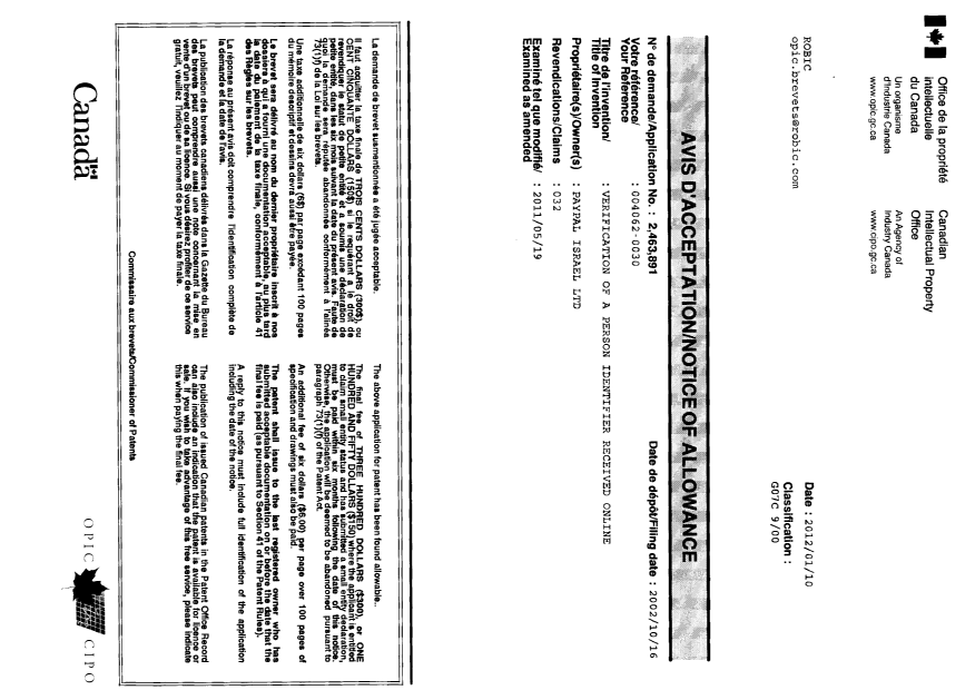 Canadian Patent Document 2463891. Correspondence 20120110. Image 1 of 1