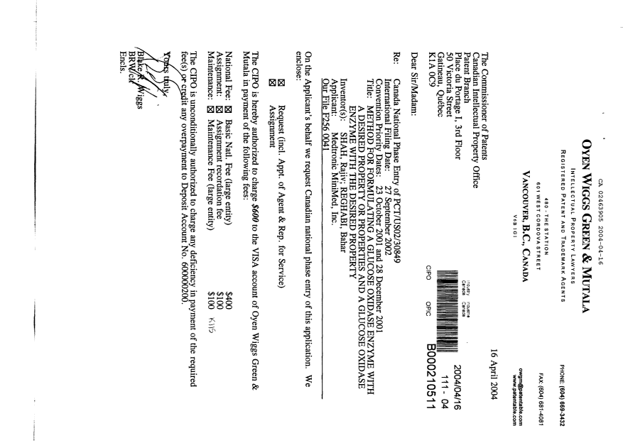 Canadian Patent Document 2463905. Assignment 20040416. Image 1 of 9