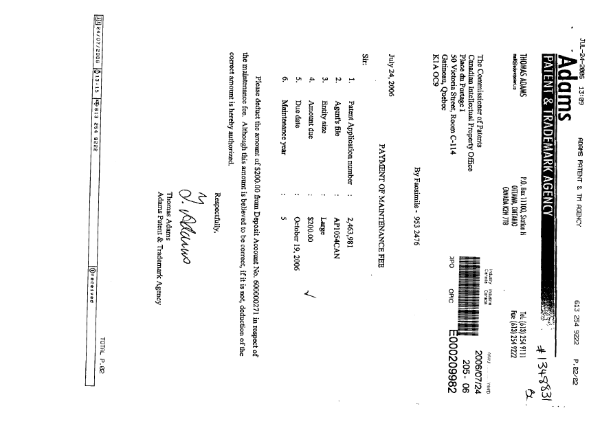 Canadian Patent Document 2463981. Fees 20060724. Image 1 of 2