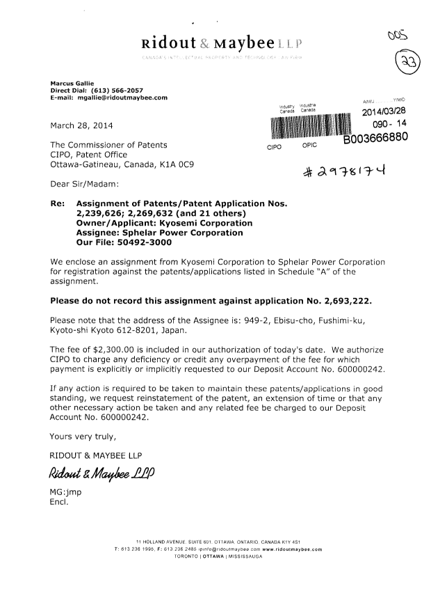 Canadian Patent Document 2463981. Assignment 20140328. Image 1 of 3