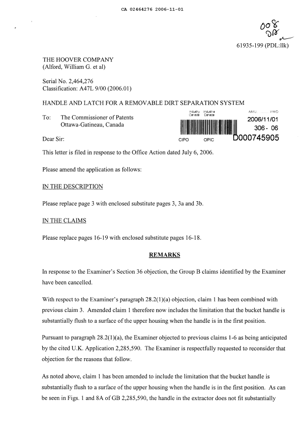 Document de brevet canadien 2464276. Poursuite-Amendment 20061101. Image 1 de 8