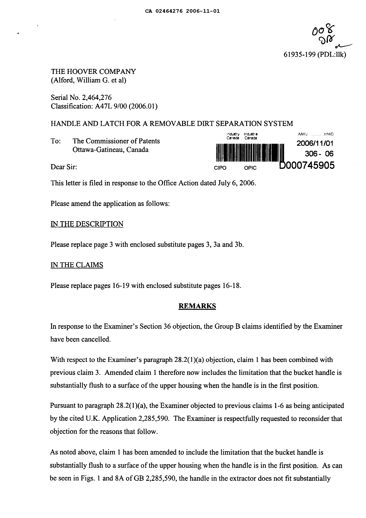 Canadian Patent Document 2464276. Prosecution-Amendment 20061101. Image 1 of 8