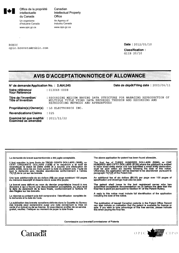 Document de brevet canadien 2464545. Correspondance 20120510. Image 1 de 1