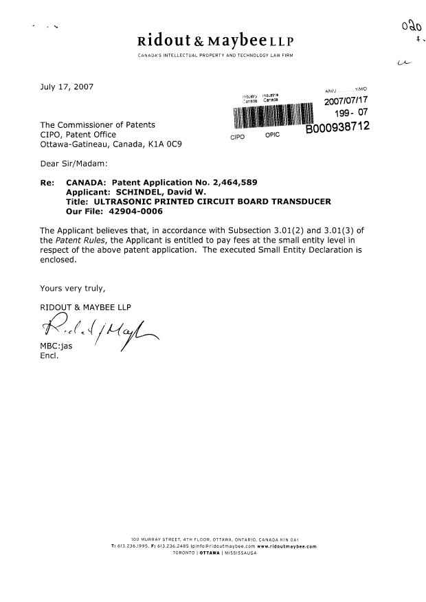 Canadian Patent Document 2464589. Correspondence 20070717. Image 1 of 2