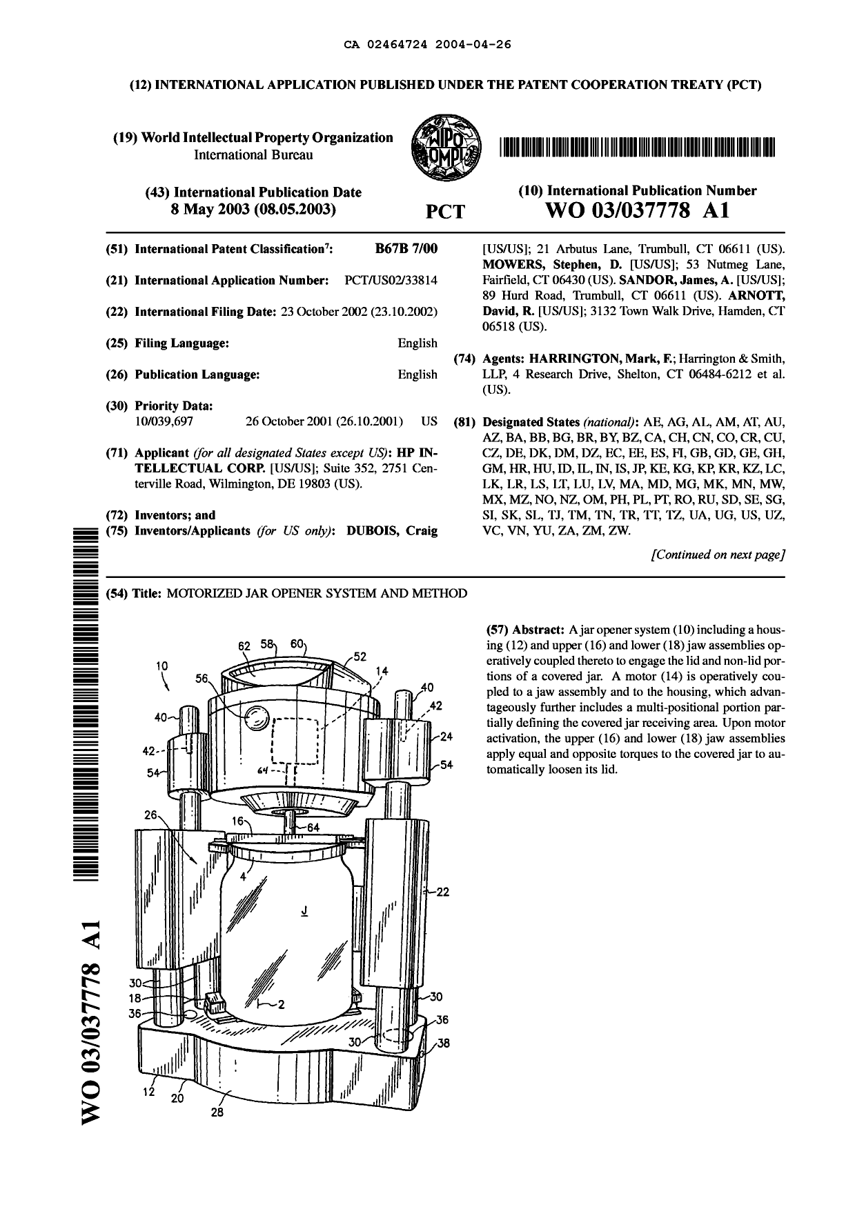 Canadian Patent Document 2464724. Abstract 20040426. Image 1 of 2