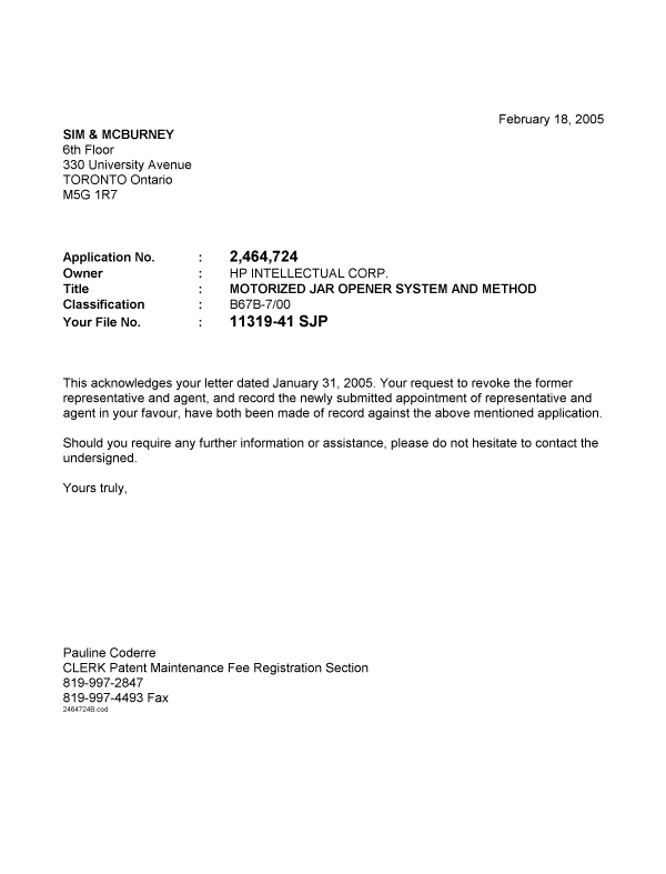 Canadian Patent Document 2464724. Correspondence 20050218. Image 1 of 1
