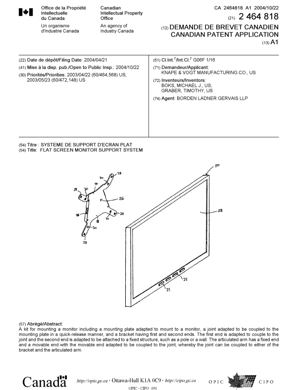 Canadian Patent Document 2464818. Cover Page 20041001. Image 1 of 1