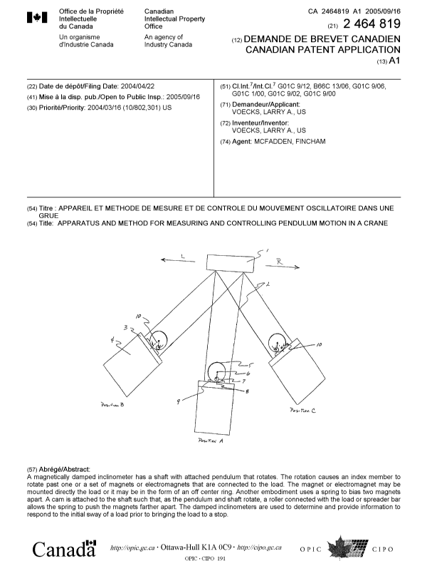 Canadian Patent Document 2464819. Cover Page 20050908. Image 1 of 1