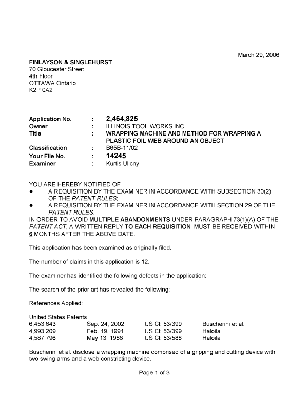 Canadian Patent Document 2464825. Prosecution-Amendment 20060329. Image 1 of 3