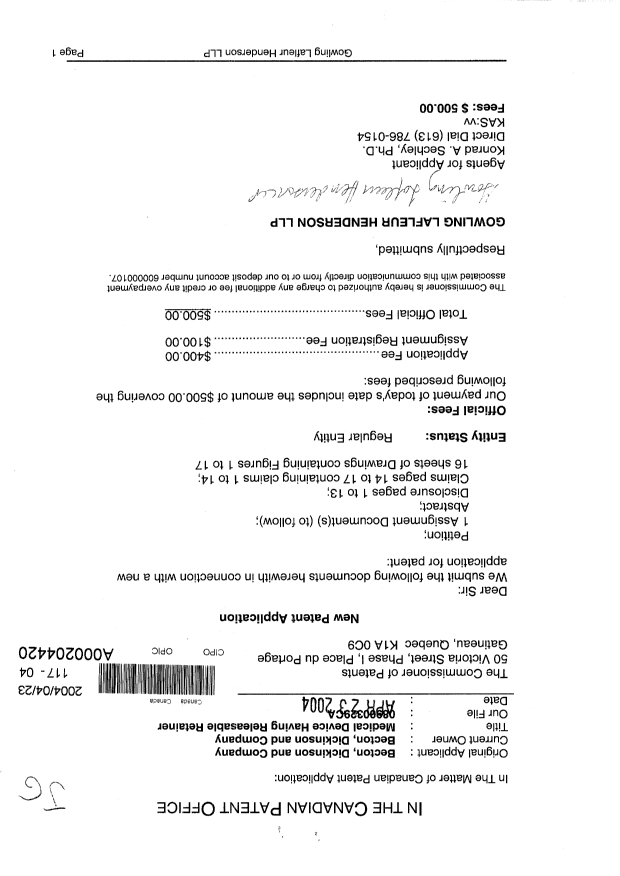 Document de brevet canadien 2464854. Cession 20031223. Image 1 de 2