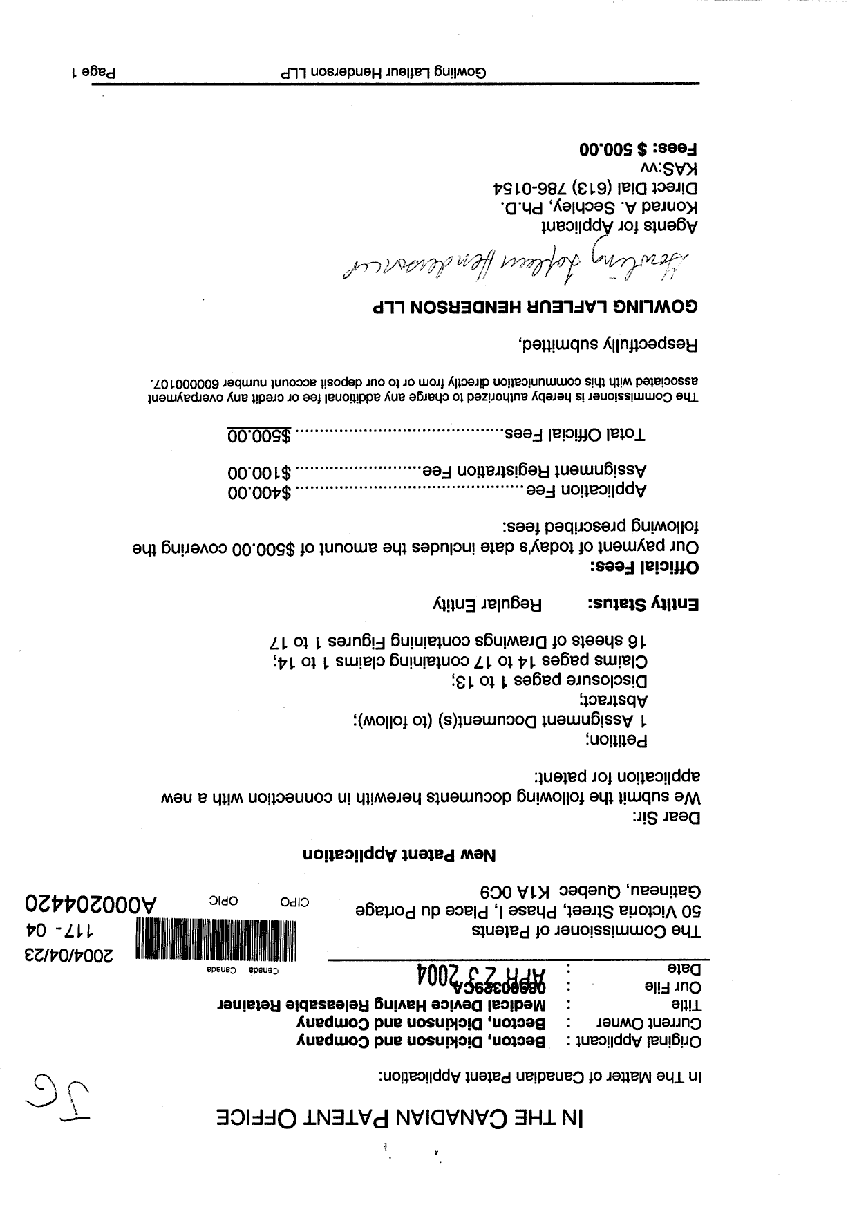 Canadian Patent Document 2464854. Assignment 20031223. Image 1 of 2