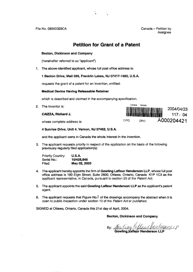 Canadian Patent Document 2464854. Assignment 20031223. Image 2 of 2