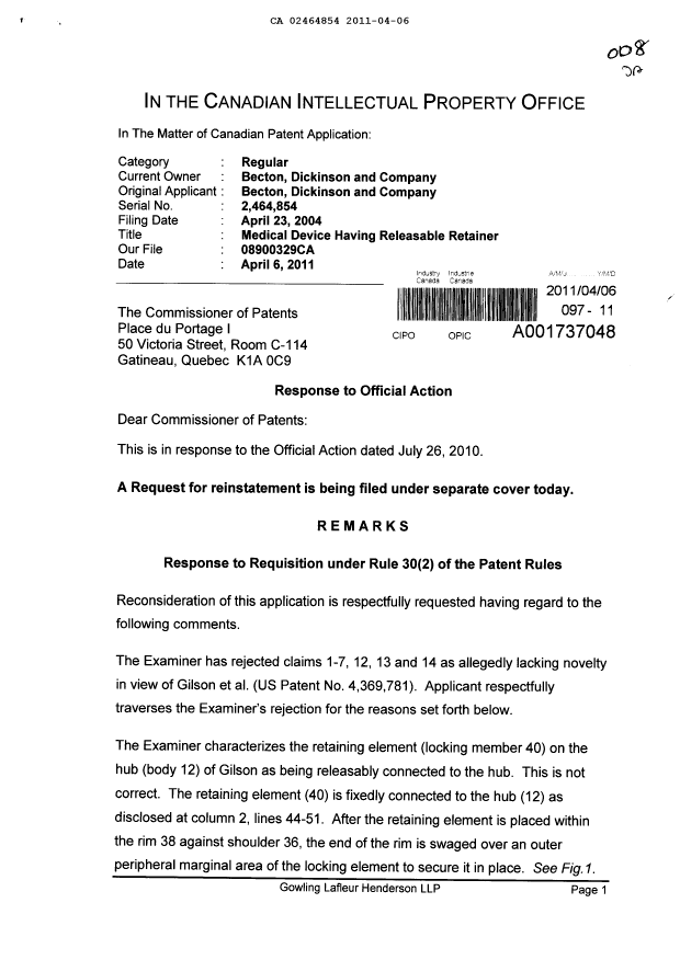 Document de brevet canadien 2464854. Poursuite-Amendment 20101206. Image 1 de 3