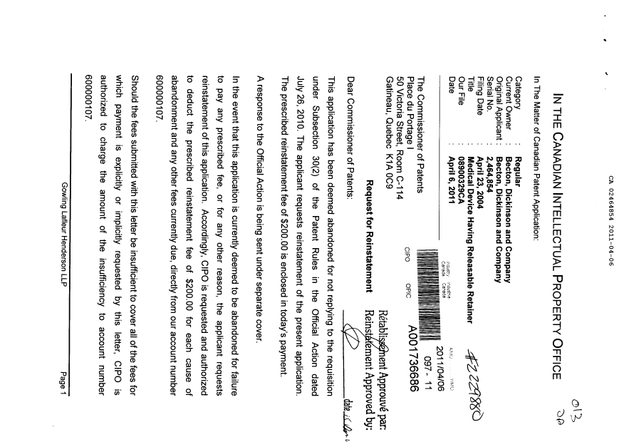 Canadian Patent Document 2464854. Prosecution-Amendment 20101206. Image 1 of 2