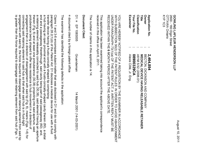 Canadian Patent Document 2464854. Prosecution-Amendment 20101210. Image 1 of 2