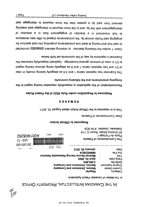Canadian Patent Document 2464854. Prosecution-Amendment 20111220. Image 1 of 4