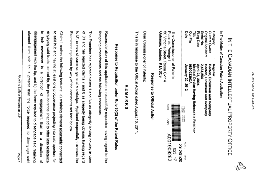 Canadian Patent Document 2464854. Prosecution-Amendment 20111220. Image 1 of 4