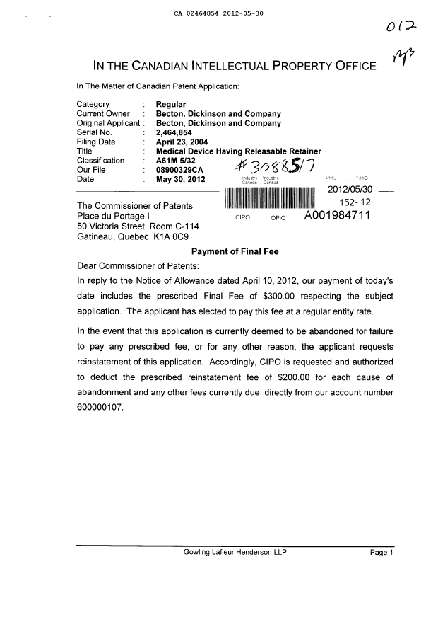 Document de brevet canadien 2464854. Correspondance 20111230. Image 1 de 2