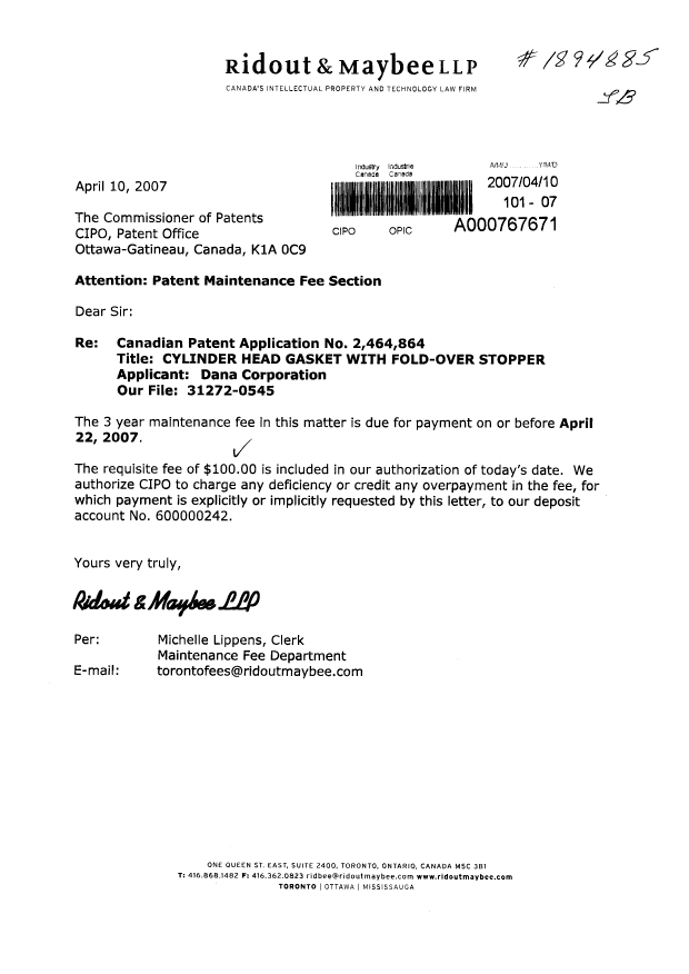 Canadian Patent Document 2464864. Fees 20070410. Image 1 of 1