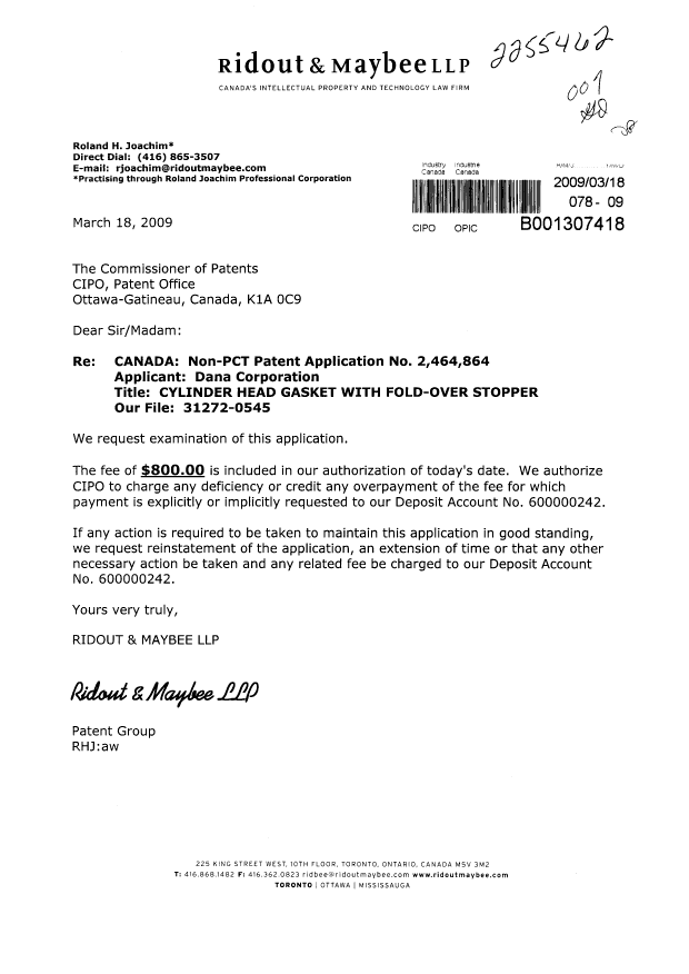 Canadian Patent Document 2464864. Prosecution-Amendment 20090318. Image 1 of 1