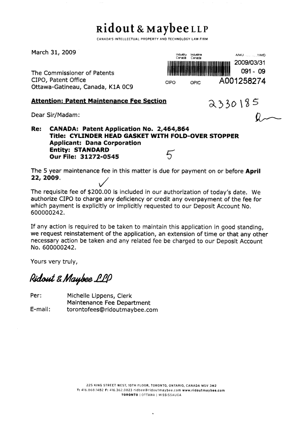 Canadian Patent Document 2464864. Fees 20090331. Image 1 of 1