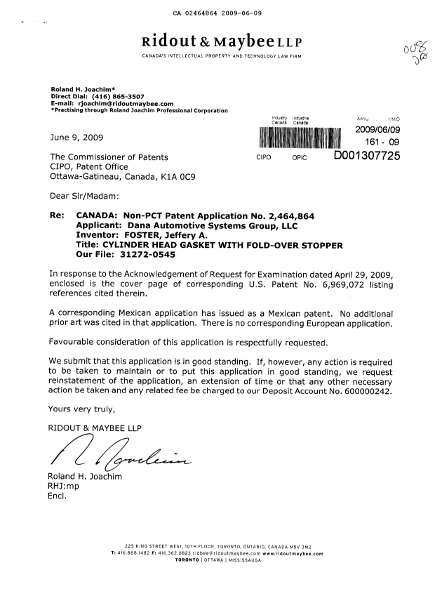 Canadian Patent Document 2464864. Prosecution-Amendment 20090609. Image 1 of 1