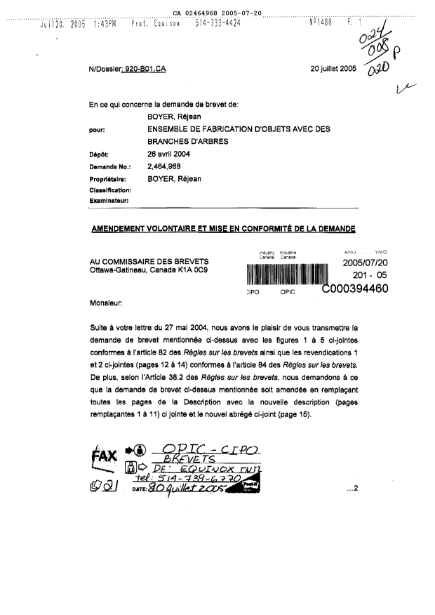 Canadian Patent Document 2464968. Correspondence 20050720. Image 1 of 16