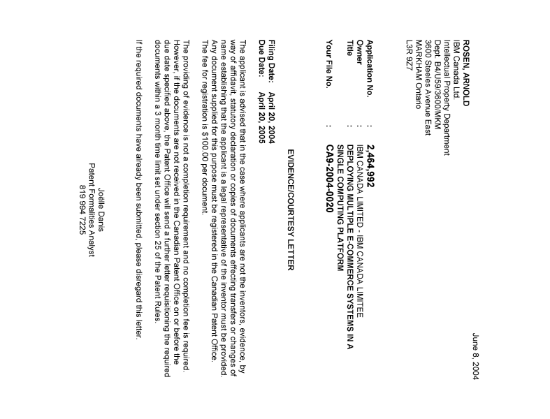 Canadian Patent Document 2464992. Correspondence 20040601. Image 1 of 1