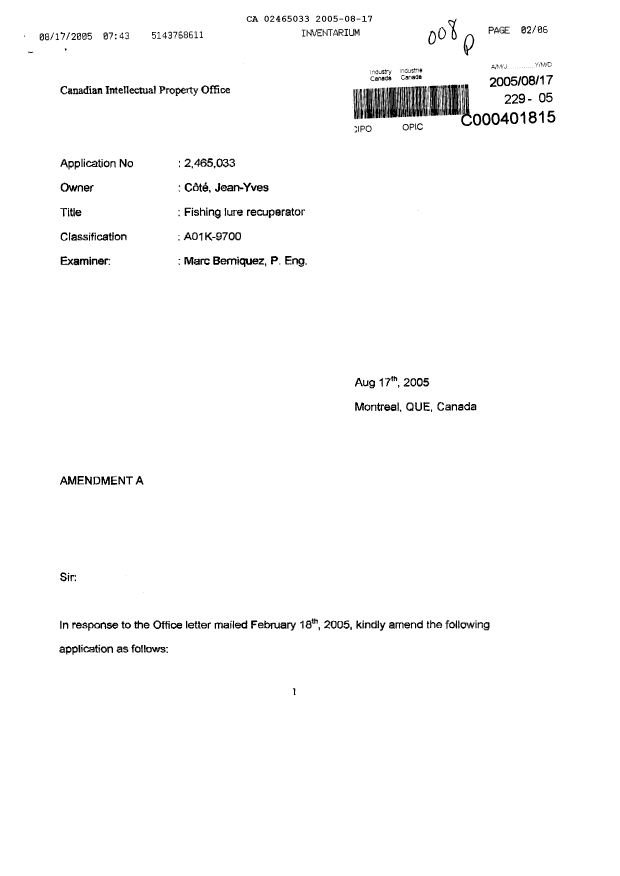 Document de brevet canadien 2465033. Poursuite-Amendment 20041217. Image 1 de 5