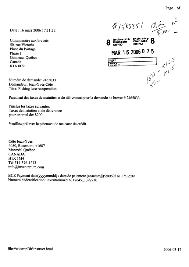 Document de brevet canadien 2465033. Taxes 20051216. Image 1 de 1