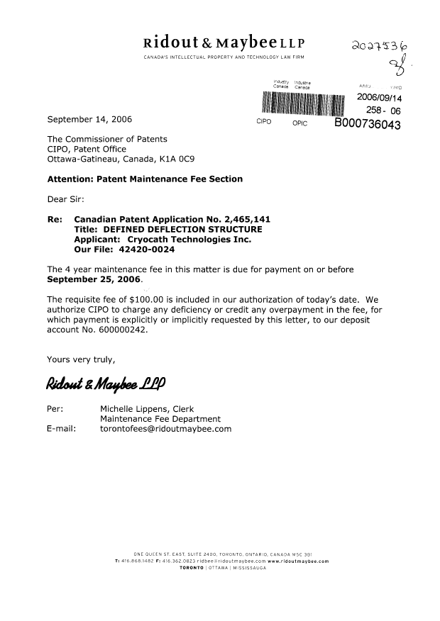 Canadian Patent Document 2465141. Fees 20060914. Image 1 of 1