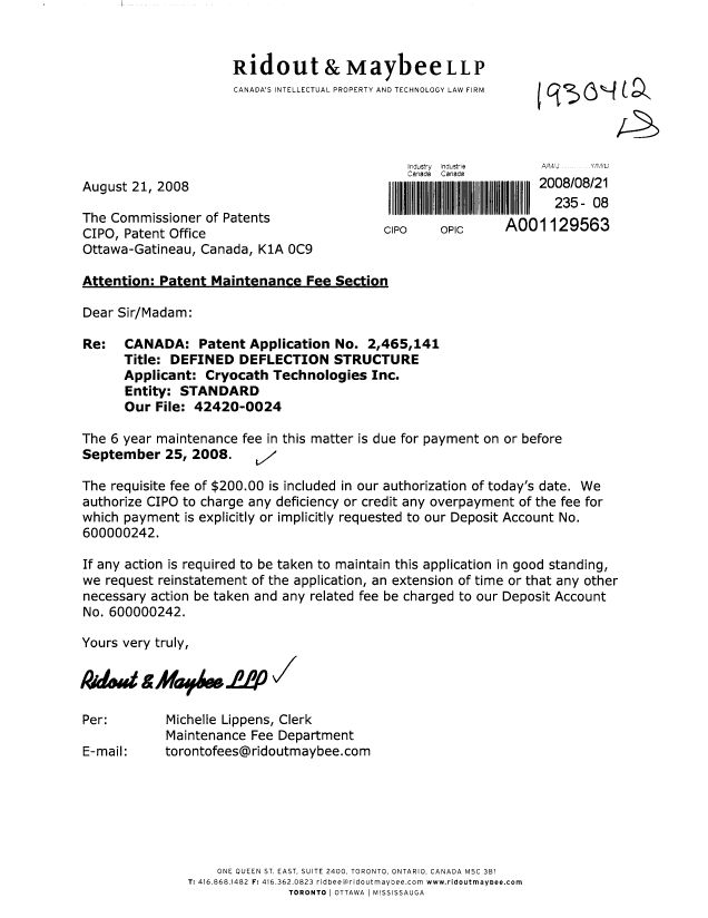 Canadian Patent Document 2465141. Fees 20080821. Image 1 of 1