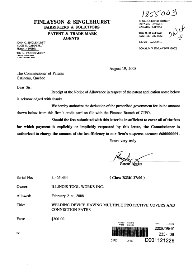 Canadian Patent Document 2465434. Correspondence 20080819. Image 1 of 1