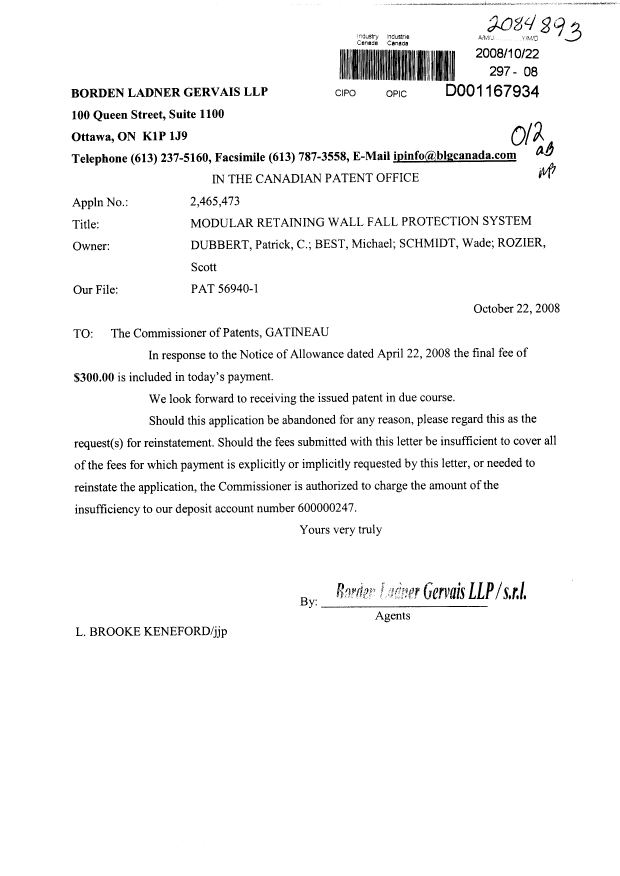 Canadian Patent Document 2465473. Correspondence 20081022. Image 1 of 1