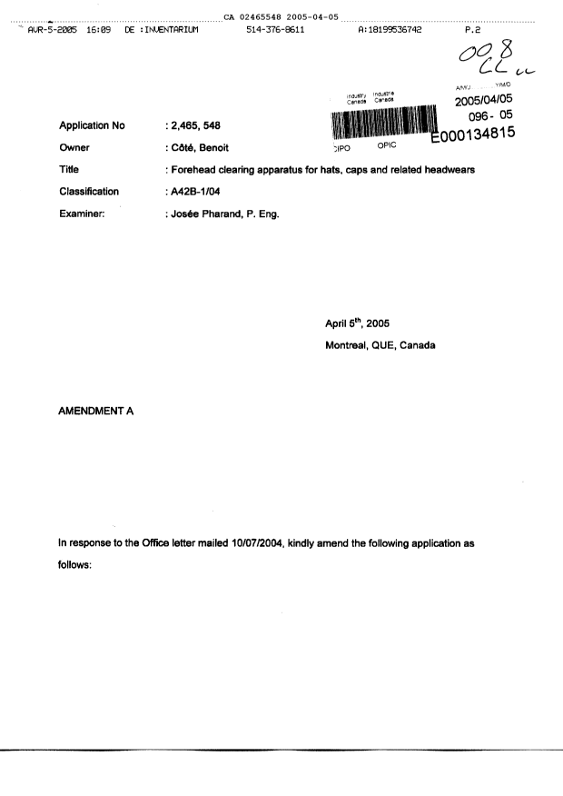 Canadian Patent Document 2465548. Prosecution-Amendment 20050405. Image 1 of 3