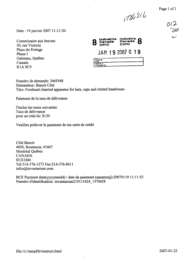 Document de brevet canadien 2465548. Correspondance 20061219. Image 1 de 1
