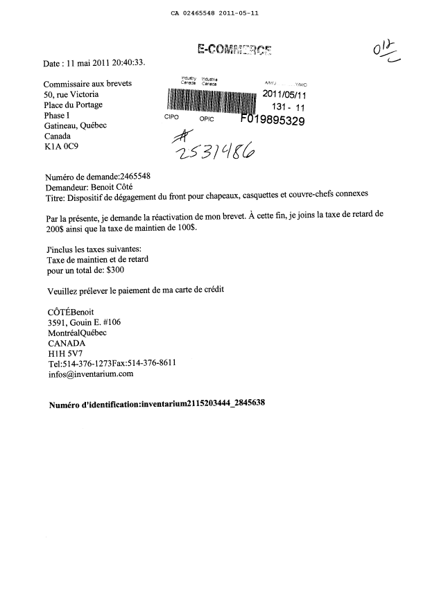 Document de brevet canadien 2465548. Correspondance 20101211. Image 1 de 1