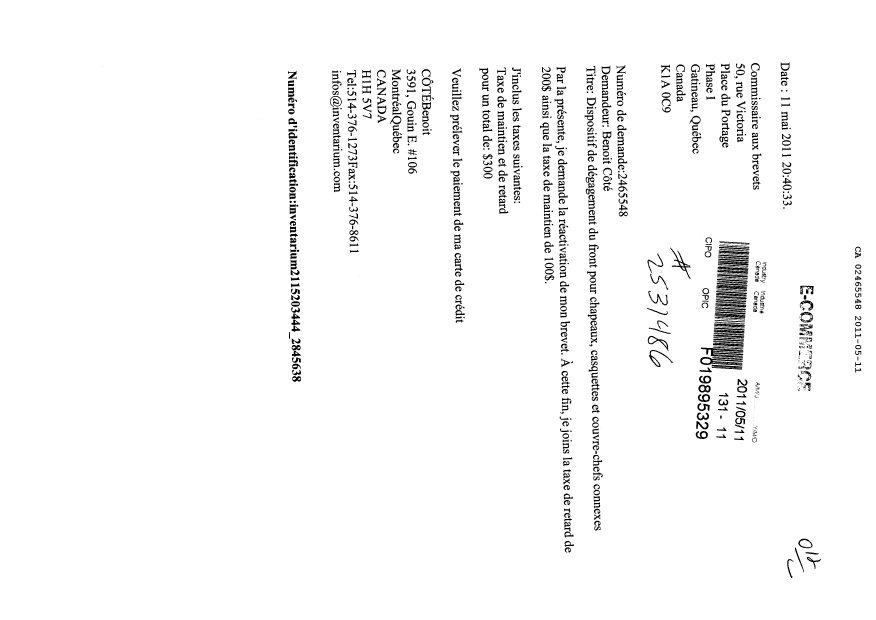 Document de brevet canadien 2465548. Correspondance 20101211. Image 1 de 1