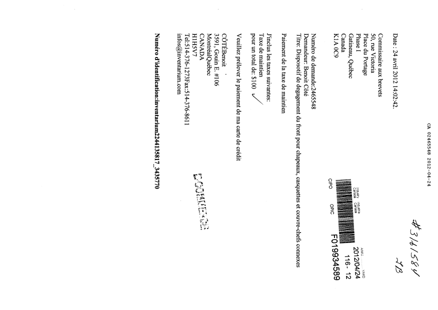 Document de brevet canadien 2465548. Taxes 20111224. Image 1 de 1