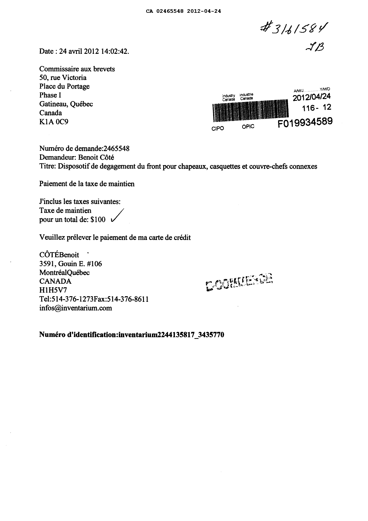 Canadian Patent Document 2465548. Fees 20111224. Image 1 of 1