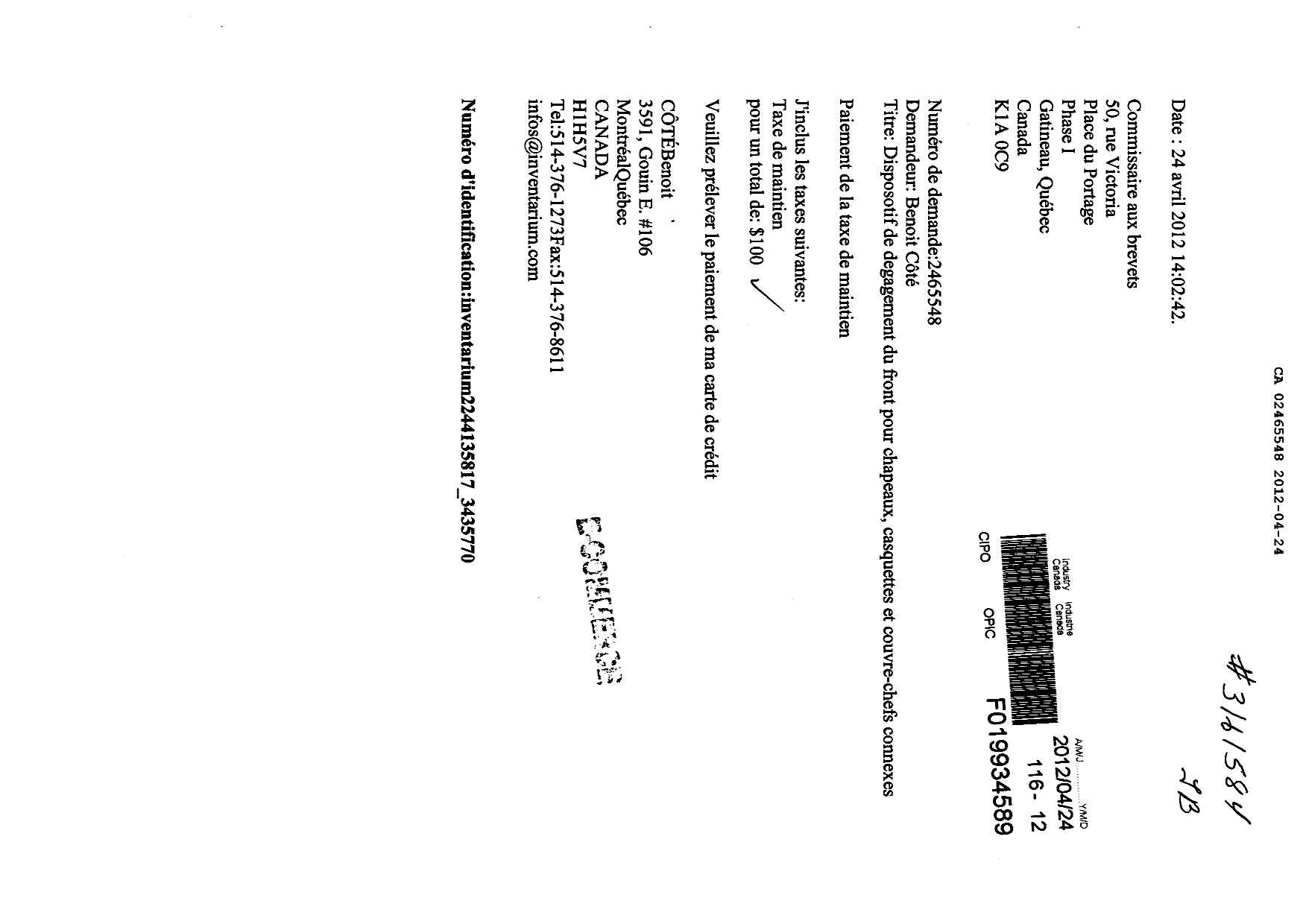 Document de brevet canadien 2465548. Taxes 20111224. Image 1 de 1
