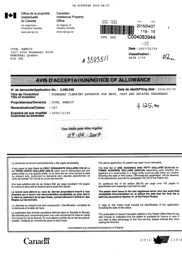 Document de brevet canadien 2465548. Correspondance 20141227. Image 1 de 1