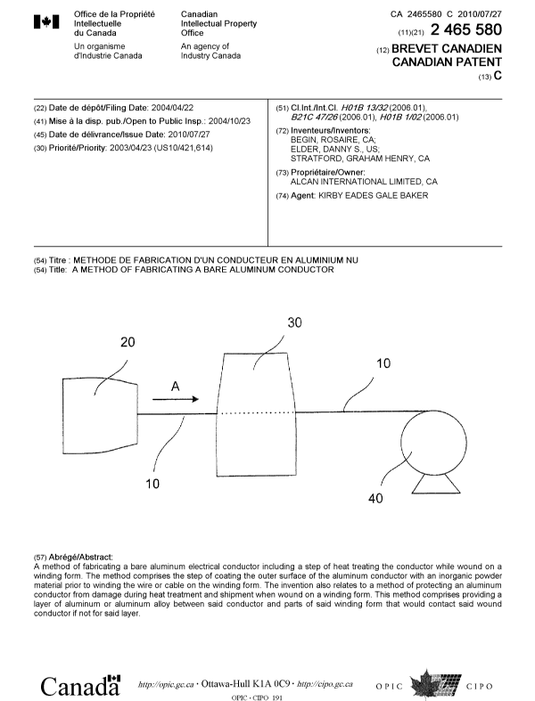 Canadian Patent Document 2465580. Cover Page 20100712. Image 1 of 1