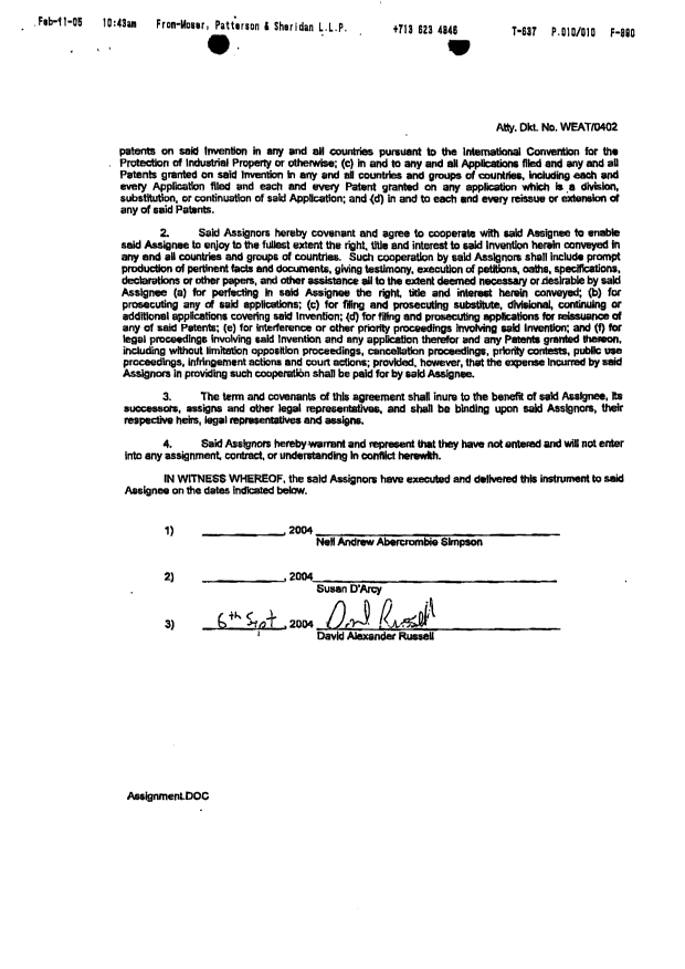 Canadian Patent Document 2465926. Assignment 20050302. Image 8 of 8