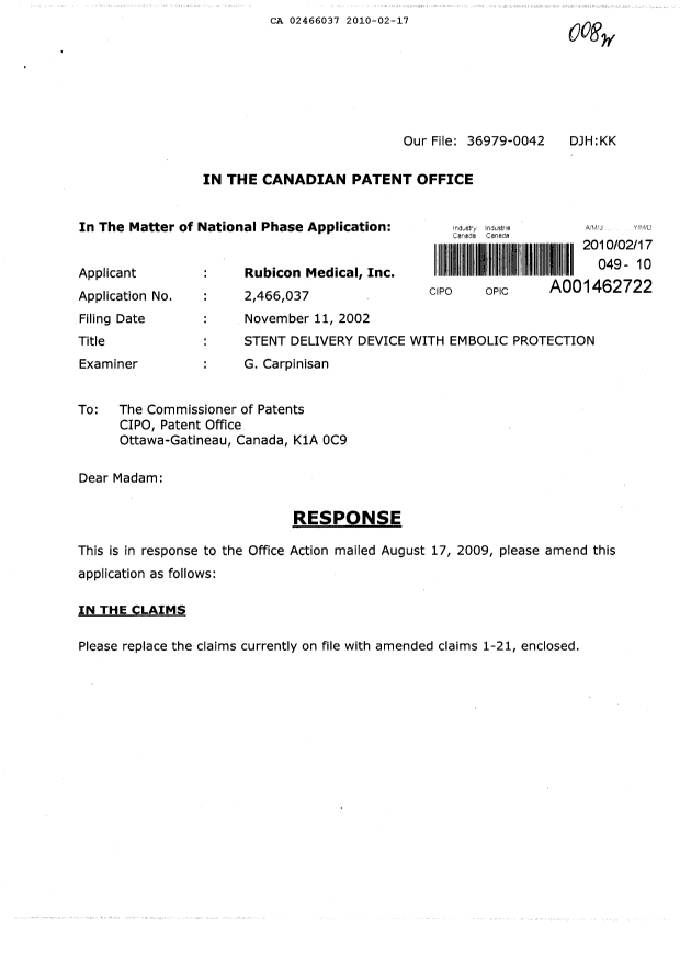 Document de brevet canadien 2466037. Poursuite-Amendment 20100217. Image 1 de 9