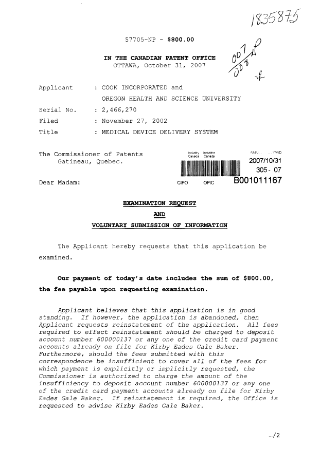 Canadian Patent Document 2466270. Prosecution-Amendment 20071031. Image 1 of 2