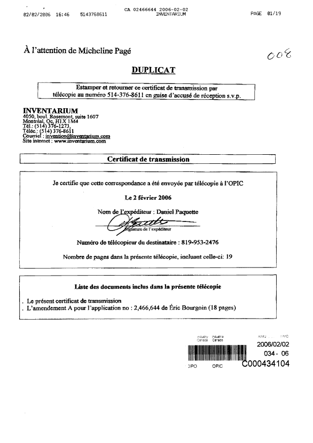 Document de brevet canadien 2466644. Poursuite-Amendment 20051202. Image 1 de 19