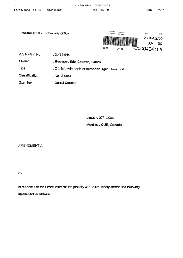 Document de brevet canadien 2466644. Poursuite-Amendment 20051202. Image 2 de 19