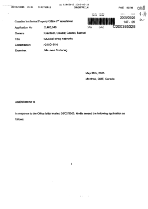 Canadian Patent Document 2466645. Prosecution-Amendment 20050526. Image 1 of 7